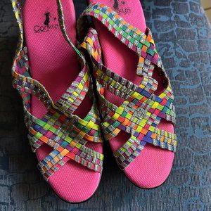 CORKY's multiple bright color Sling wedge, size 9 M
